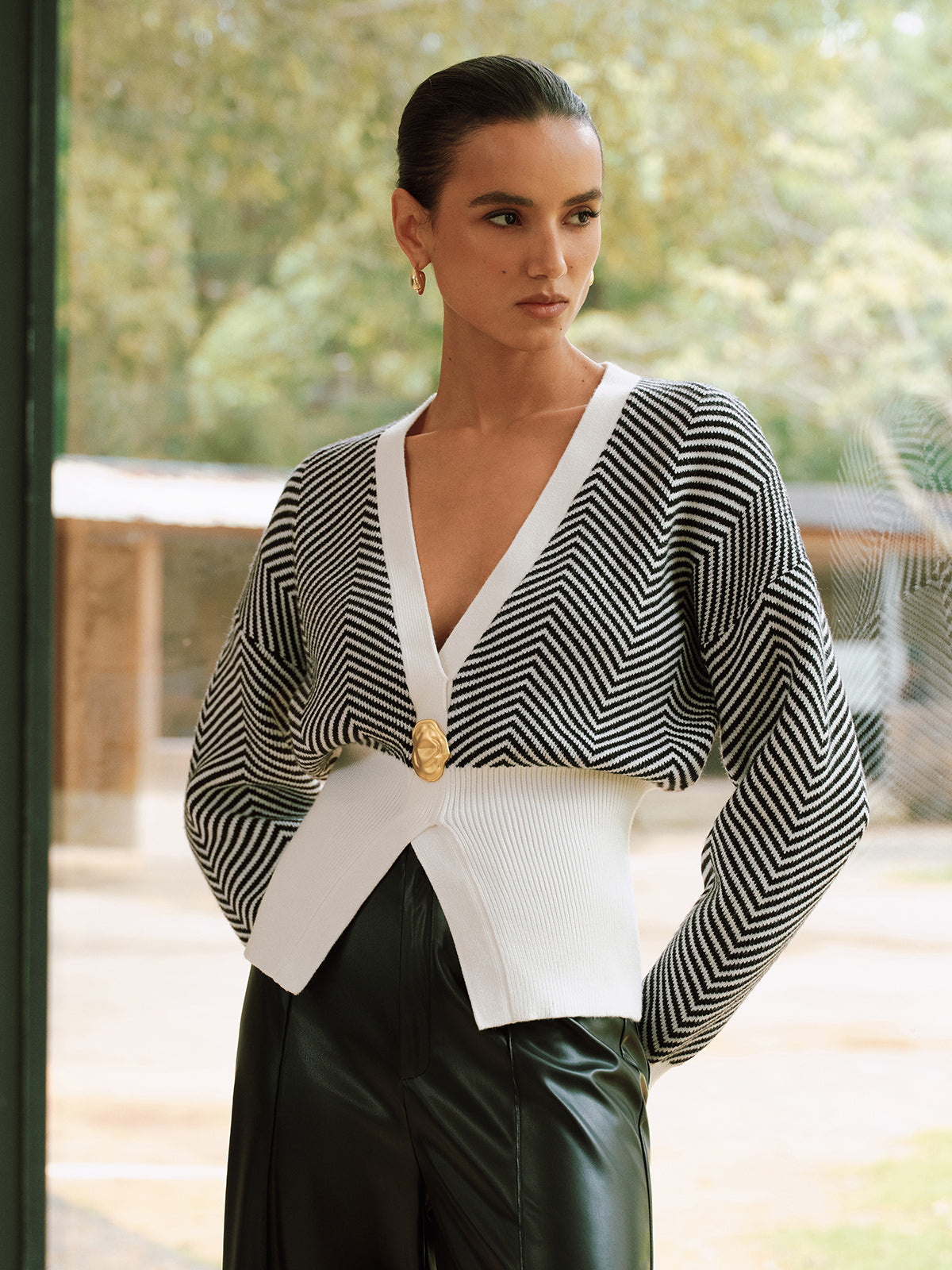 Metal Detail Chevron Knit Cardigan