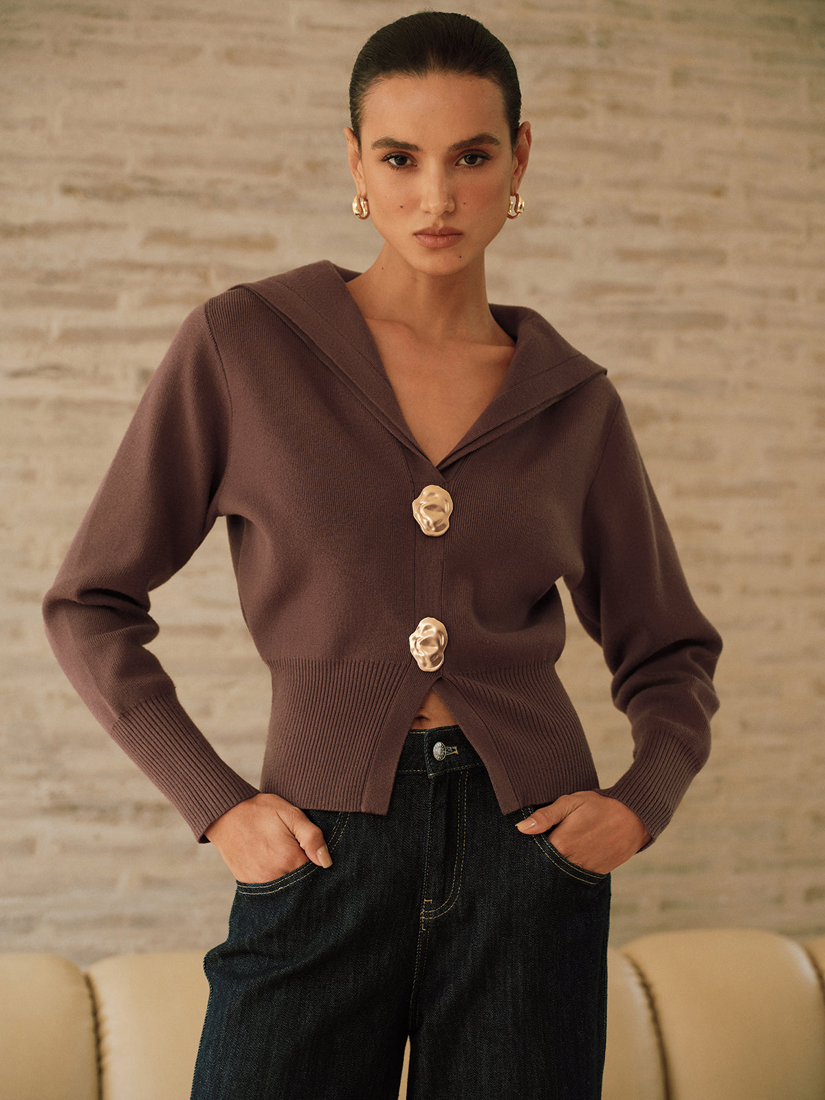 Metal Button Shawl Collar Knit Top