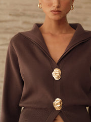 Metal Button Shawl Collar Knit Top