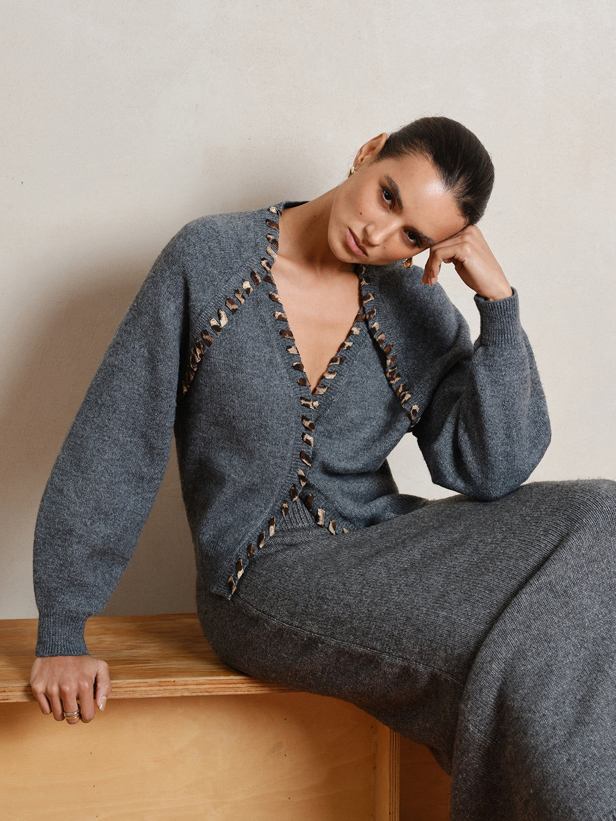 Lace-Up Trim V-Neck Cardigan