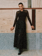 Sheer Mesh Paneled V-Neck Blouse