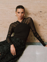 Sheer Mesh Paneled V-Neck Blouse