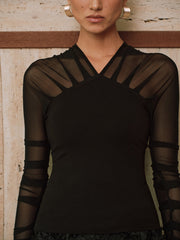 Sheer Mesh Paneled V-Neck Blouse