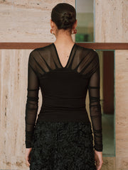 Sheer Mesh Paneled V-Neck Blouse