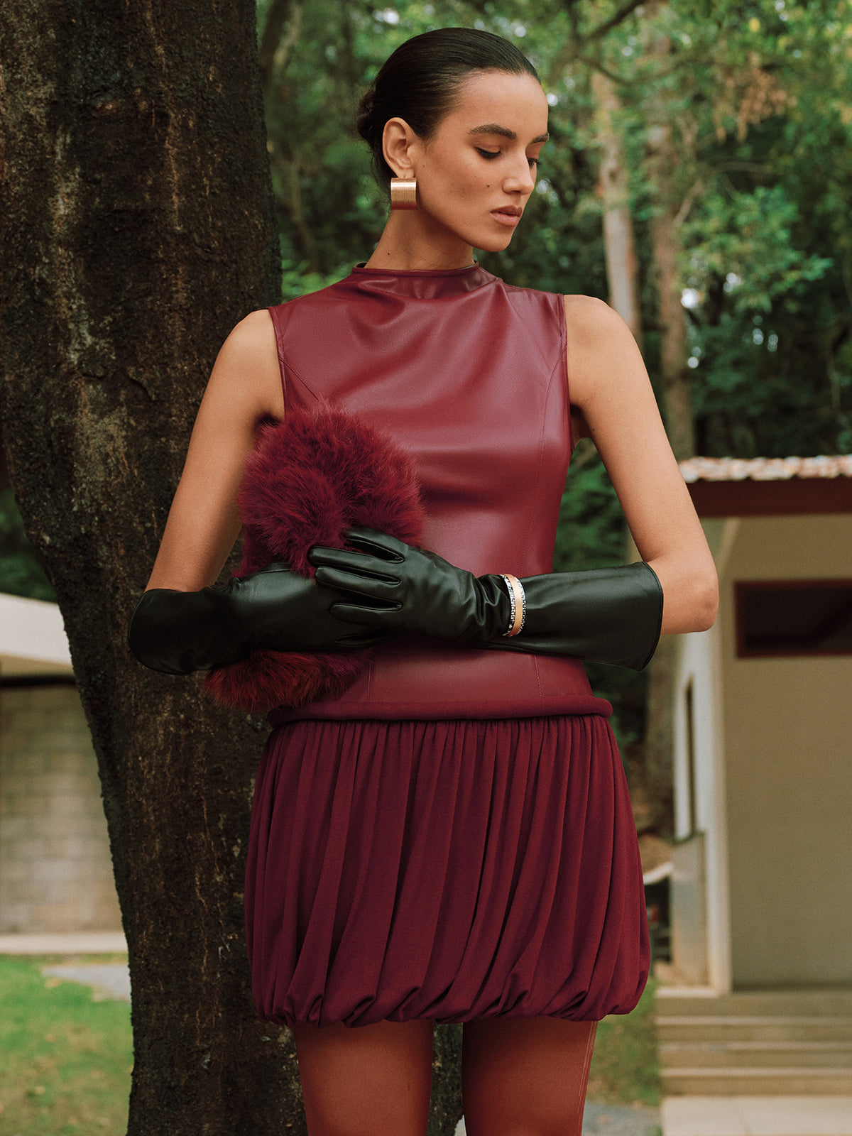 Faux Leather Mock Neck Bubble Mini Dress