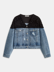 Velvet Jacquard Paneled Denim Jacket