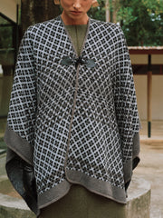 Horn Button Checked Knit Poncho