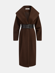 Oversized Collar Tweed Long Coat with Wide Belt