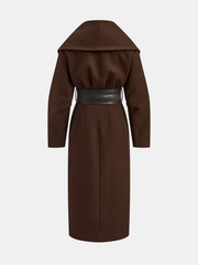 Oversized Collar Tweed Long Coat with Wide Belt