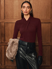 Cross Neck Long Sleeve Knit T-Shirt