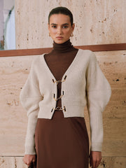 Puff Sleeve Chain Closure Knit Cardigan