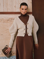 Puff Sleeve Chain Closure Knit Cardigan