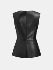 Metal Button Faux Leather Sleeveless Vest