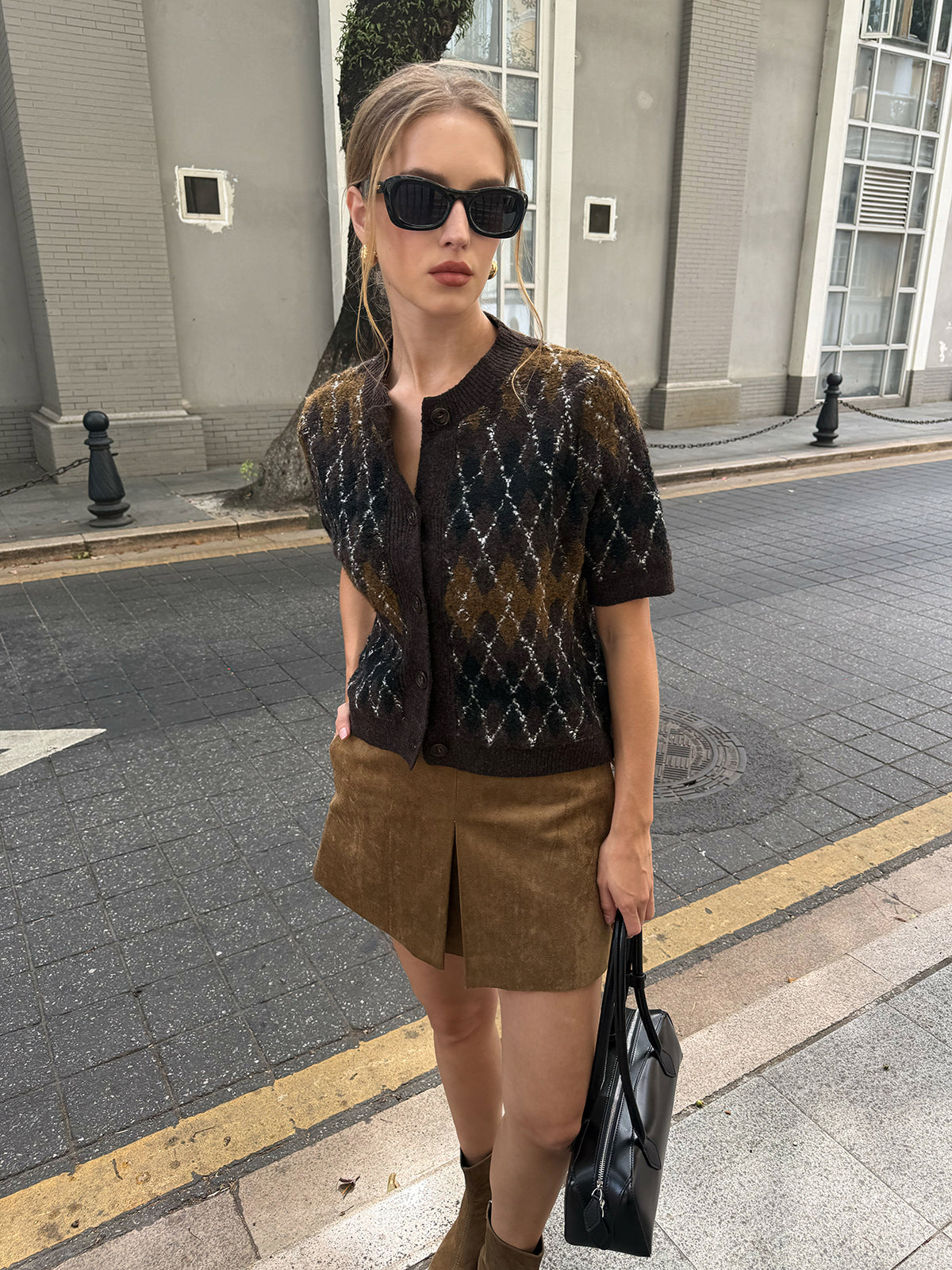 Argyle Pattern Short Sleeve Knit Cardigan