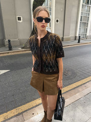 Argyle Pattern Short Sleeve Knit Cardigan
