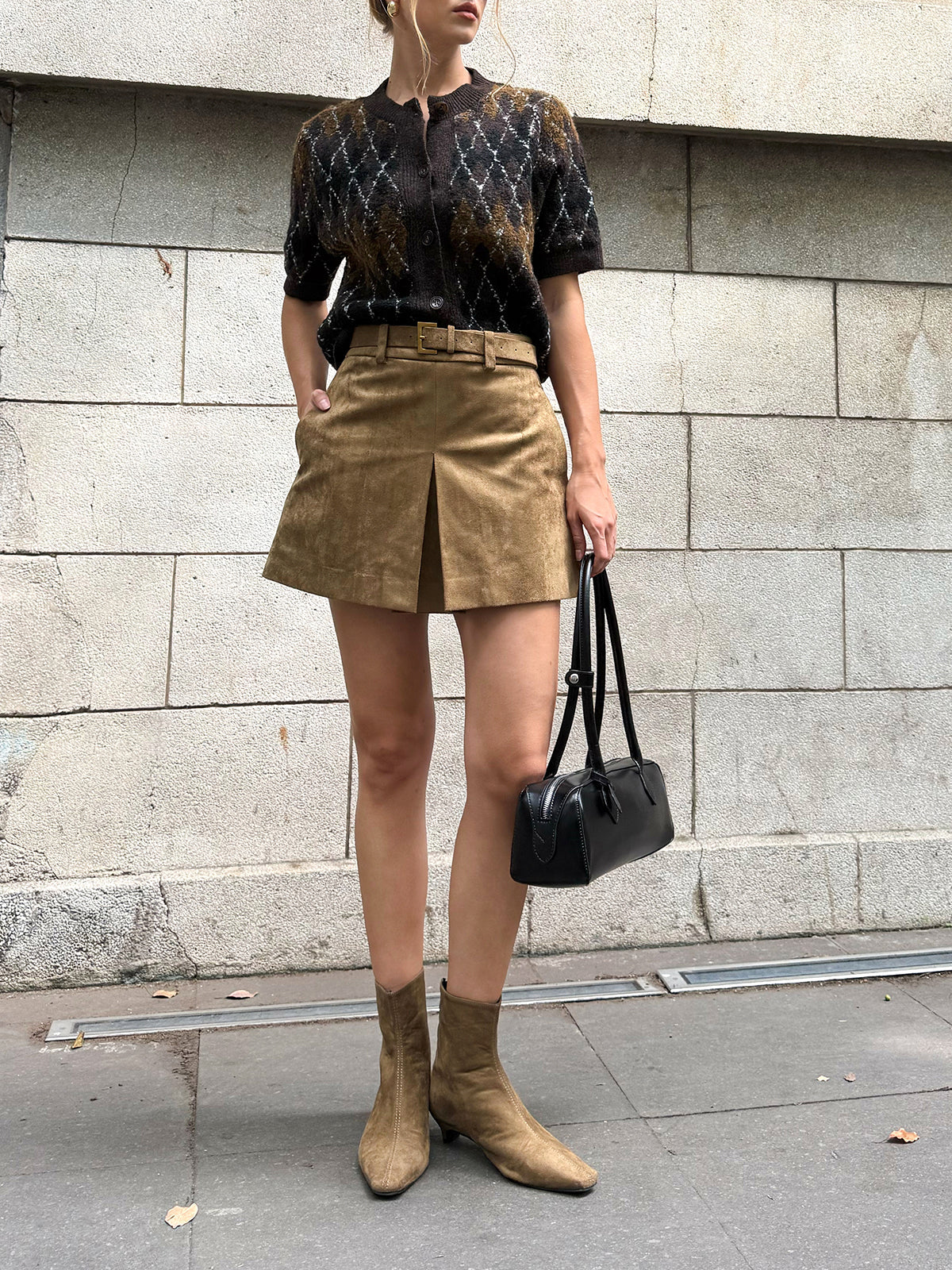 Belted Suede Effect Slit Mini Skirt