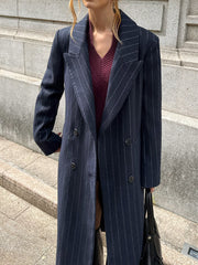Striped Double-Breasted Long Tweed Coat