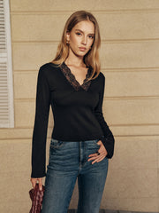 Lace Trim V-Neck Long Sleeve Top