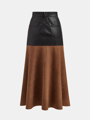 Faux Leather Panel Suede Effect Midi Skirt