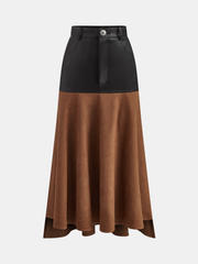 Faux Leather Panel Suede Effect Midi Skirt