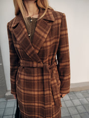 Belted Plaid Long Tweed Coat
