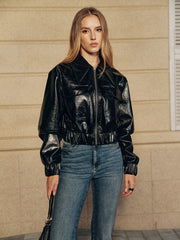 Faux Fur Collar Cropped PU Leather Jacket