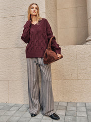 Tweed Striped Drawstring Wide-Leg Pants