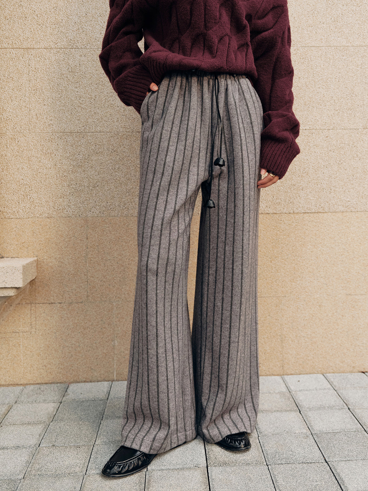 Tweed Striped Drawstring Wide-Leg Pants