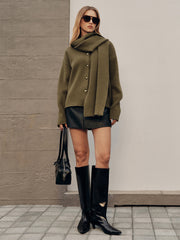 Button-Front Knit Cardigan with Scarf Detail