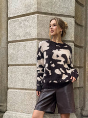 Cow Print Fuzzy Crew Neck Sweater