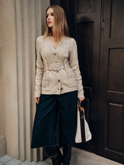 Belted Cable Knit V-Neck Cardigan