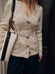 Belted Cable Knit V-Neck Cardigan