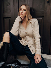 Belted Cable Knit V-Neck Cardigan