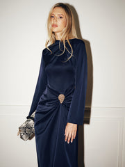 Metal Detail Long-Sleeve Ruched Maxi Dress