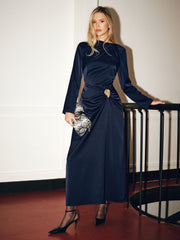 Metal Detail Long-Sleeve Ruched Maxi Dress