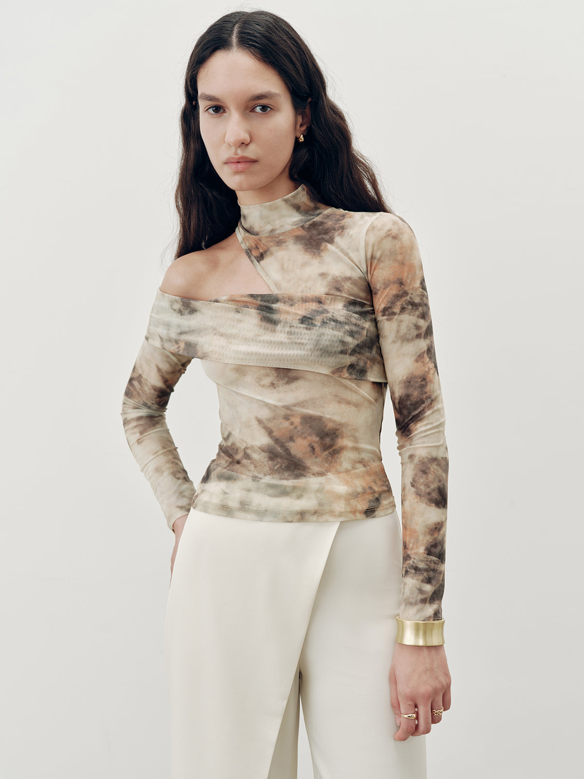 Tie-Dye Mesh One-Shoulder Long Sleeve Top