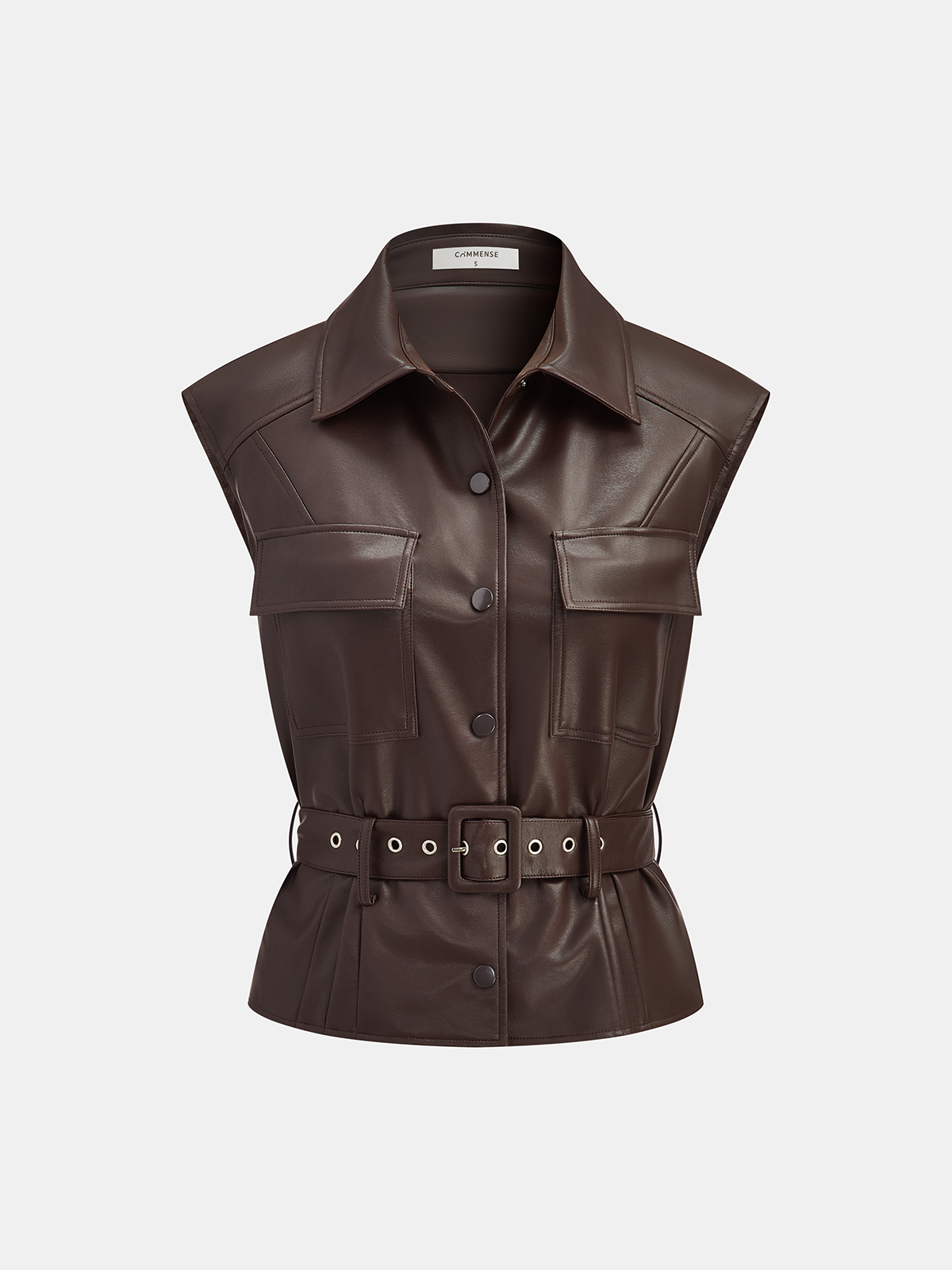 Collared Belted Faux Leather Vest