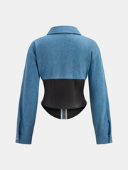 Collared Zip-Up Denim Paneled Corset Jacket