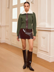 Faux Fur Collar Zip-Front Knit Outerwear