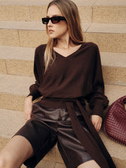 Tie-Waist V-Neck Wool-Blend Sweater
