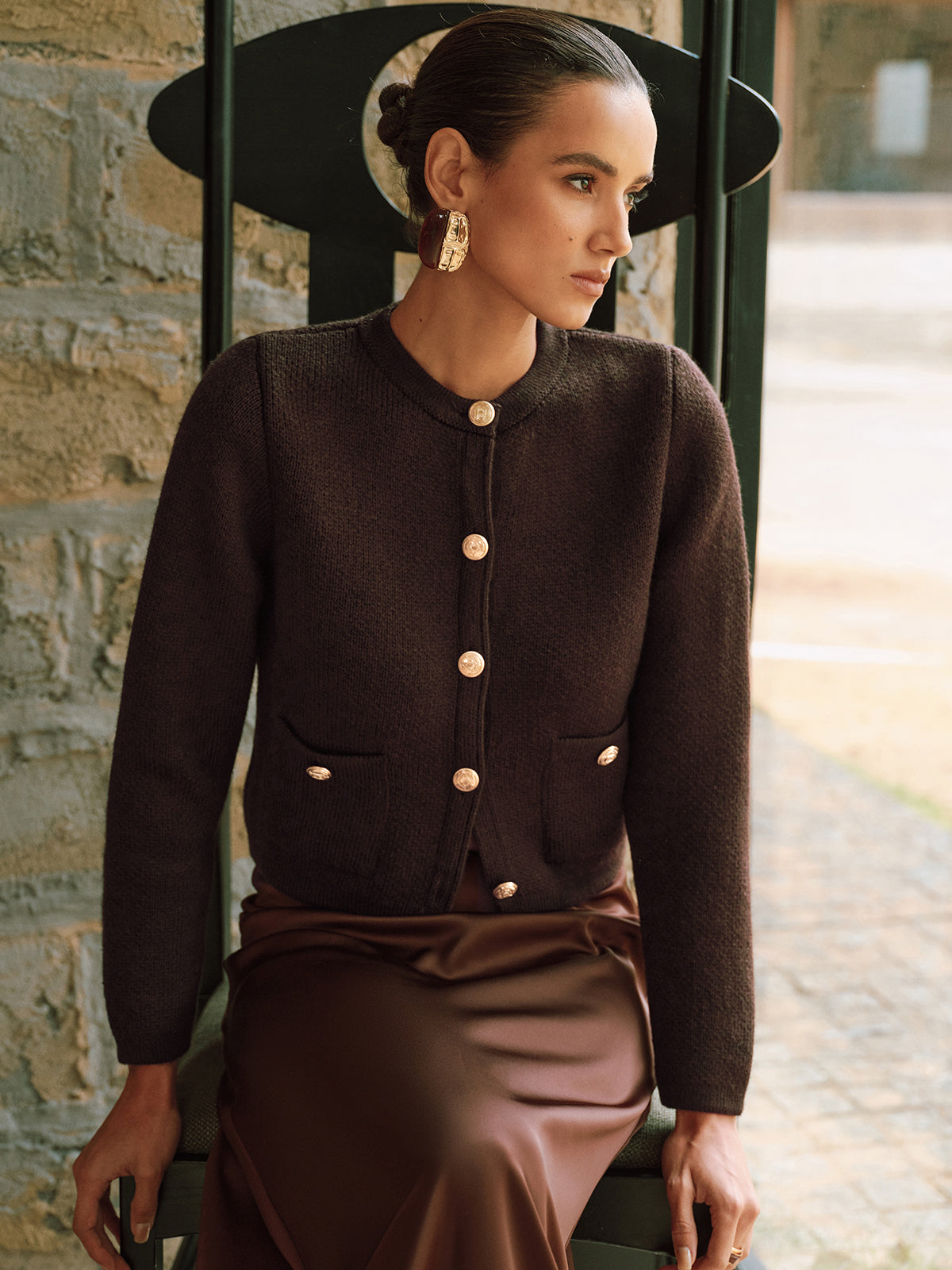 Metal Button Wool-Blend Knit Cardigan