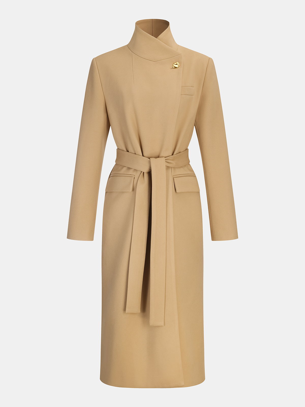 Belted Metal Button Stand Collar Longline Coat