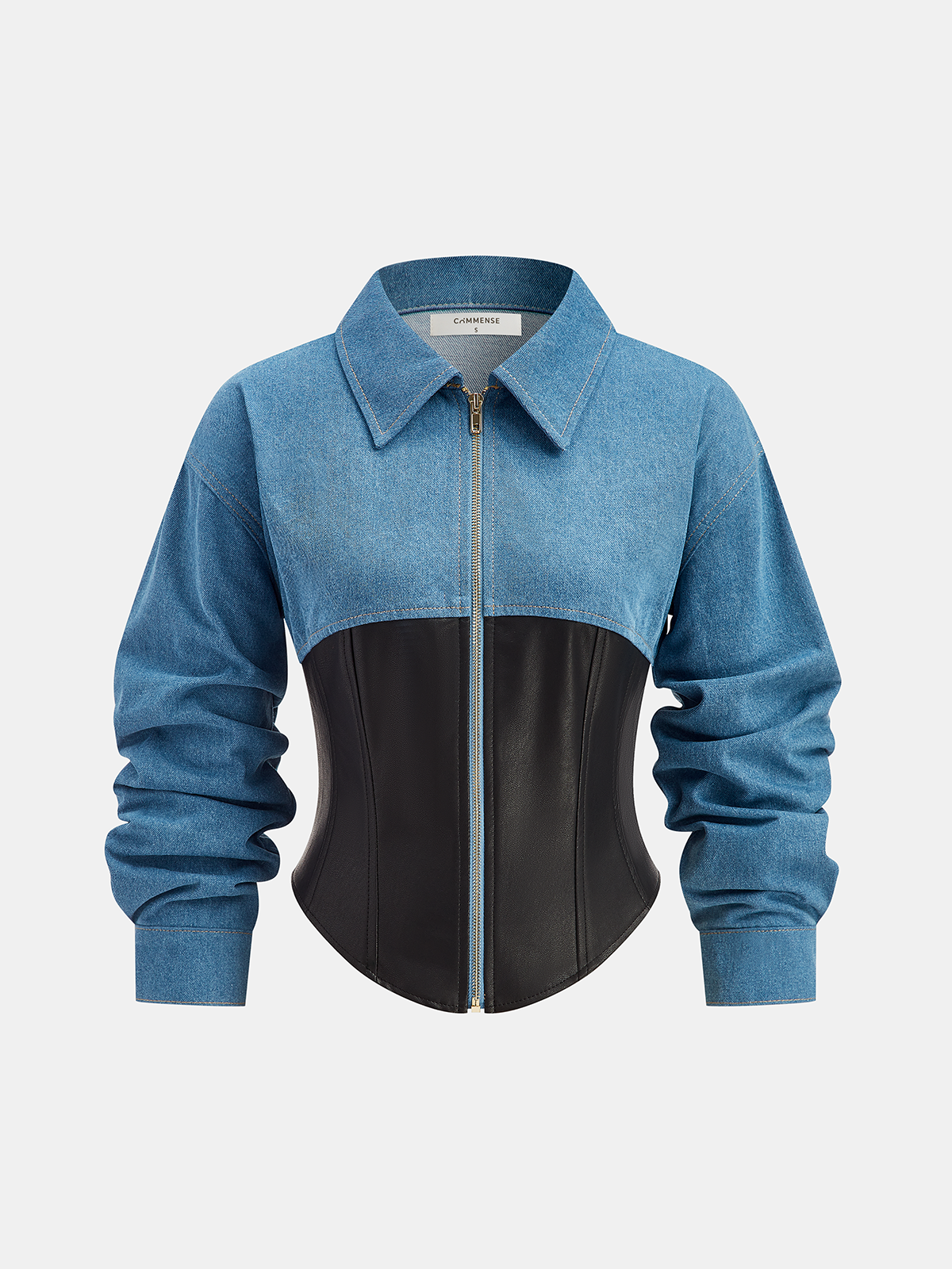 Collared Zip-Up Denim Paneled Corset Jacket