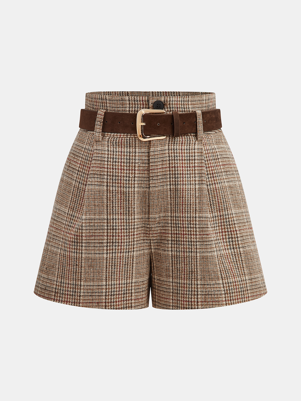 Belted High-Waist Houndstooth Tweed Shorts