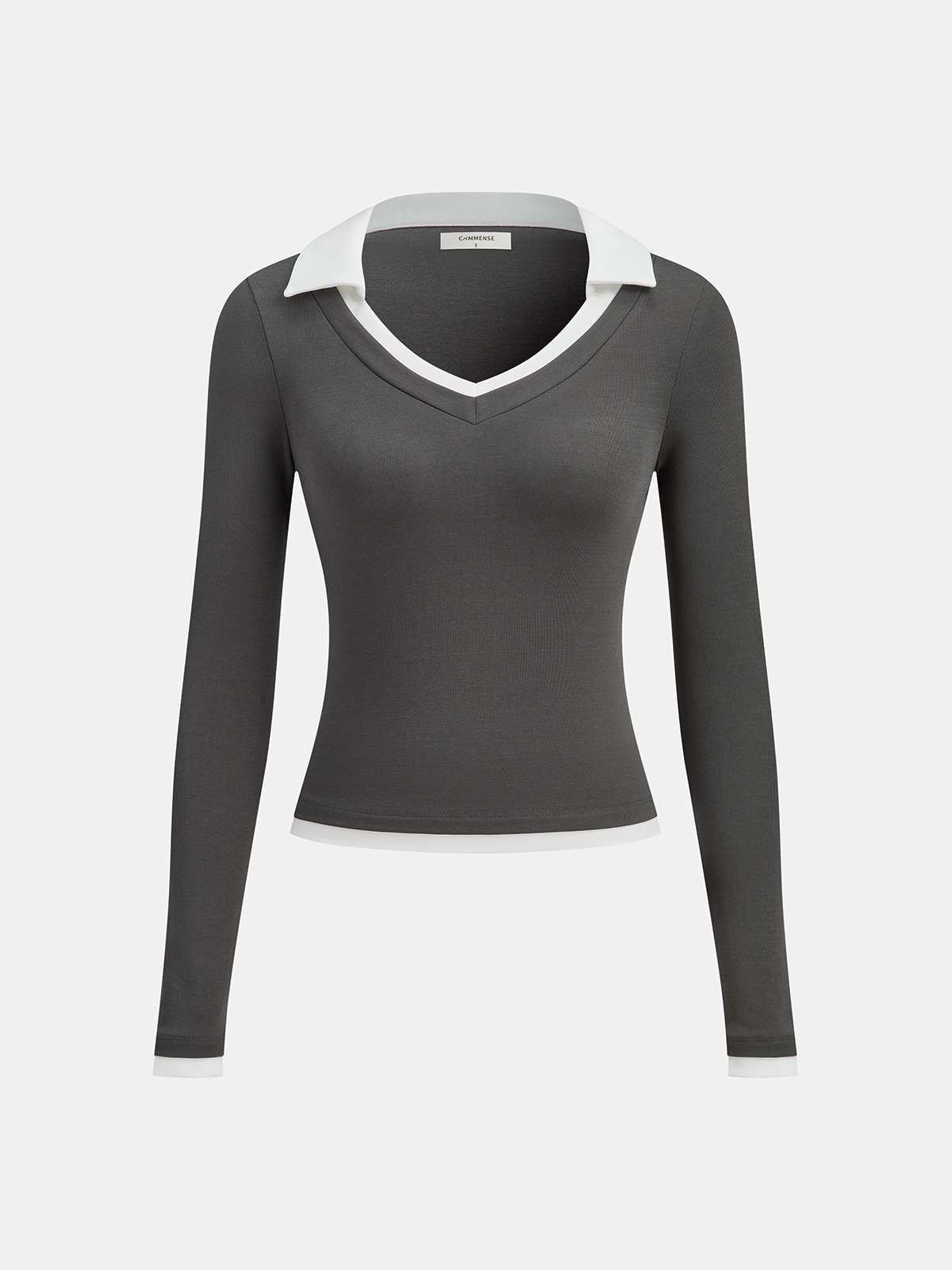 Contrast Collar Fitted Long-Sleeve Top