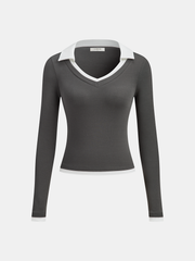 Contrast Collar Fitted Long-Sleeve Top