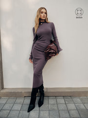 Long Sleeve Ribbed Ruched Maxi Dress