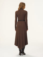 Belted Turtleneck Asymmetric Maxi Dress