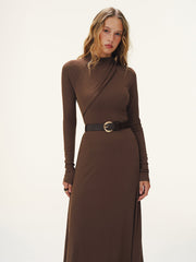 Belted Turtleneck Asymmetric Maxi Dress