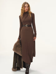 Belted Turtleneck Asymmetric Maxi Dress